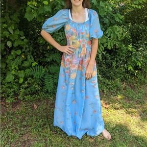 Vintage Maxi Dress S Blue Floral 60s 70s Long Boho Hippie Deha of Sweden Prom